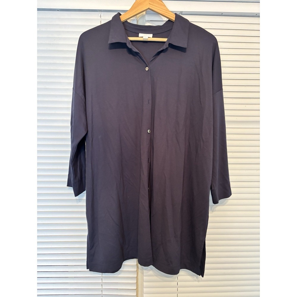 J. Jill Button Front Tunic Shirt Sz L Navy 3/4 Sleeve Over Leggings Casual